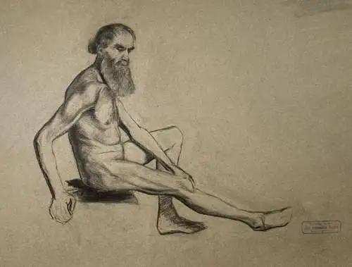 Sitzender männlicher Akt eines älteren Mannes mit Bart / Seated male nude of an older man with beard