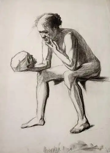 Nackter sitzender Mann einen Totenkopf betrachtend / Naked seated man looking at a skull / Akt nude nu