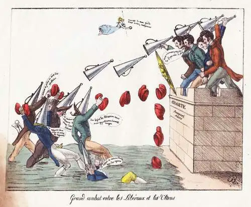 Grand combat entre les Liberaux et les Ultras - Restauration France Restoration Karikatur caricature satire