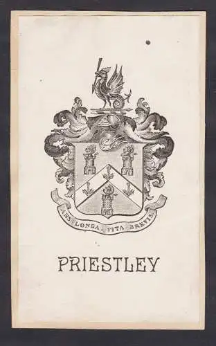 Priestley - Joseph Priestley (1733-1804) English chemist / Exlibris ex-libris Ex Libris / armorial bookplate W