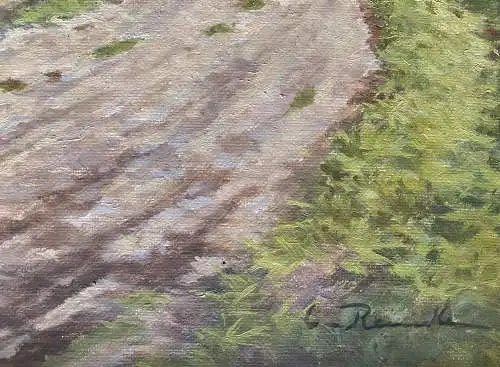 Stadtansicht mit Feld sowie Bauern und Enten im Vordergrund.