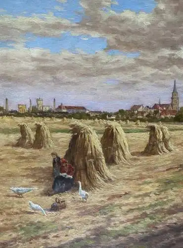 Stadtansicht mit Feld sowie Bauern und Enten im Vordergrund.
