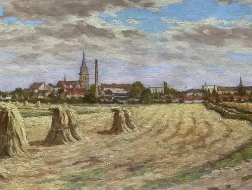 Stadtansicht mit Feld sowie Bauern und Enten im Vordergrund.