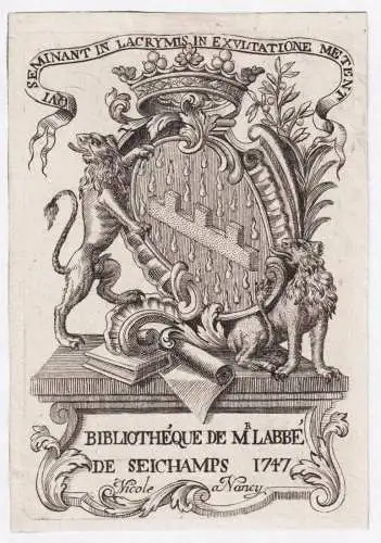 Bibliotheque de Mr. L'abbe de Seichamps - Balthazar Henry de Seichamps Lorraine Thionville / armorial bookplat