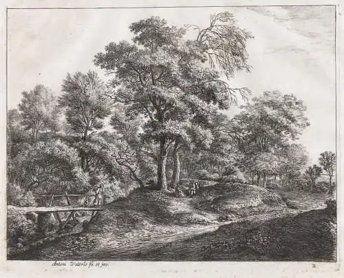 A peasant woman and daughter on a small wooden bridge