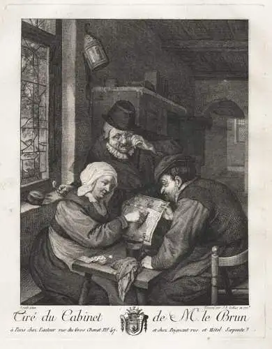 (Two men and a woman reading the newspaper) - Zeitschrift Zeitung lesen / Brille glasses / Spielkarten Kartens