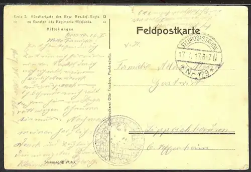 Feldpostkarte 1917 Zeichnung Künstlerkarte Sturm auf russ. Stellung   6/14