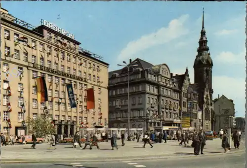 [Echtfotokarte farbig] Messestadt Leipzig, Ringmessehaus und Hotel International. 