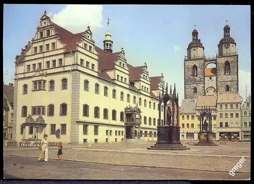 [Ansichtskarte] DDR Wittenberg, Marktplatz mit Rathaus, mit Blick auf die Stadtkirche   59/38. 