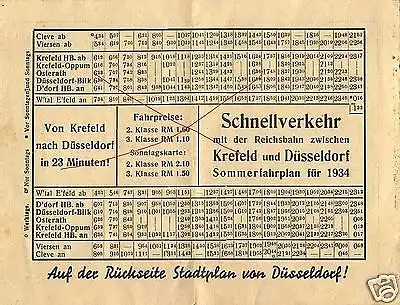  Alter Fahrplan Schnellverkehr Reichsbahn Krefeld-Düsseldorf Sommer 1934