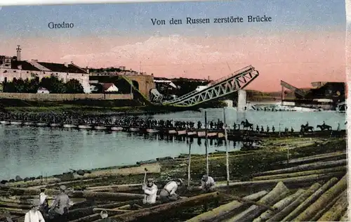  Foto AK, Grodno, von Russen zerstörte Brücke, 1917