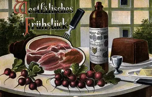  Werbe AK, Steinhäger, Westfälisches Frühstück, Stempel, 1938