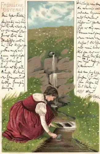  Glückwunschkarte Künstlerkarte Mailick, fröhliche  Ostern, 1900