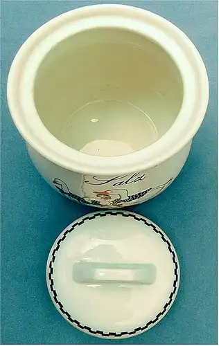 Stoneware Salzpott aus Keramik

Mit Gänse-Bild und Aufschrift : Salz