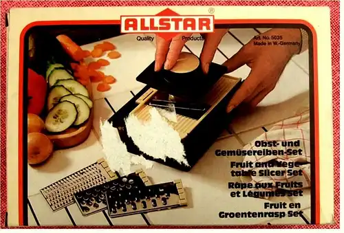 Obst- und Gemüsereiben-Set -

Mit 4 Metall-Einsätzen -

Von Allstar 1980er Jahre