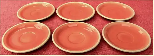 6 Keramik-Untertassen in rosarötlich / weißer Rand -

Dishwasher Safe - DDR -

1960er Jahre