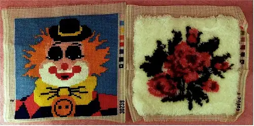 2 Gobelin-Bilder - Clown-Portrait und Blumen -

Größen : ca. 40 cm breit , 38 cm hoch