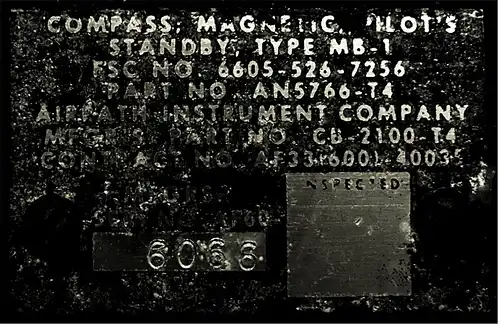 Kompass Magnetic - US Airforce - Flugzeug Bordinstrument -
Type : MB-1 
Von Airpath Instrument Company