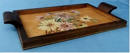 Rechteckiges Tablett aus Holz - Mit Blumen bemalt - ca. 21,5 x 38 cm