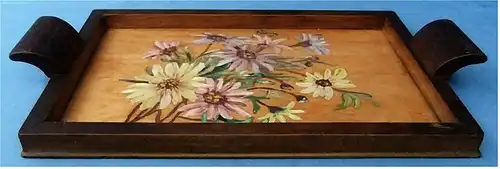 Rechteckiges Tablett aus Holz - Mit Blumen bemalt - ca. 21,5 x 38 cm
