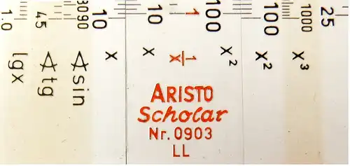 Alter ARISTO Scholar Nr.0903 LL Kunststoff- Rechenstab mit zweiseitiger Skala.