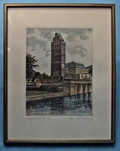 Darmstadt Hochzeitsturm / 5-finger Turm - Original Radierung von W. Berling