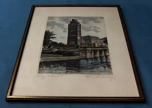 Darmstadt Hochzeitsturm / 5-finger Turm - Original Radierung von W. Berling