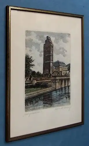 Darmstadt Hochzeitsturm / 5-finger Turm - Original Radierung von W. Berling