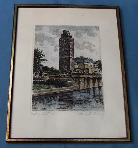 Darmstadt Hochzeitsturm / 5-finger Turm - Original Radierung von W. Berling