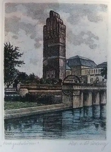 Darmstadt Hochzeitsturm / 5-finger Turm - Original Radierung von W. Berling