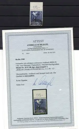 Berlin (West)  Nr 20 OBERRAND GESTEMPELT ! ATTEST ! Rundstempel (Datum und/oder Ort klar)