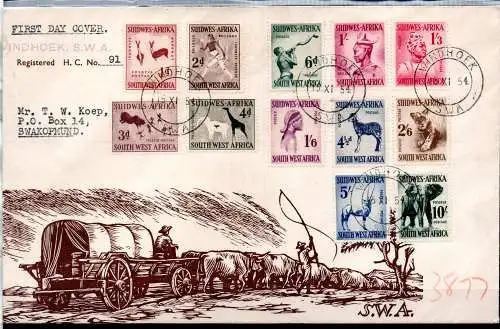 Südwestafrika 1954 Nr DEAUERSERIE TIERE auf FDC Ersttagsstempel
