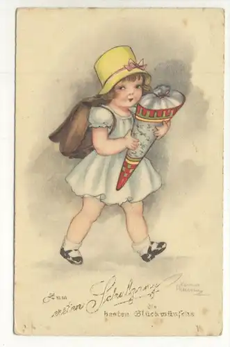 Karte Schulanfang Mädchen mit Schulranzen und Zuckertüte 1934 - Schrift geprägt