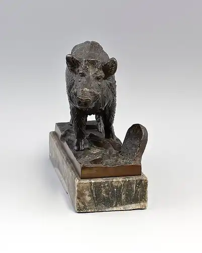 Bronzierte Metallguss-Plastik sign. Richard Rusche Keiler Wildschwein 