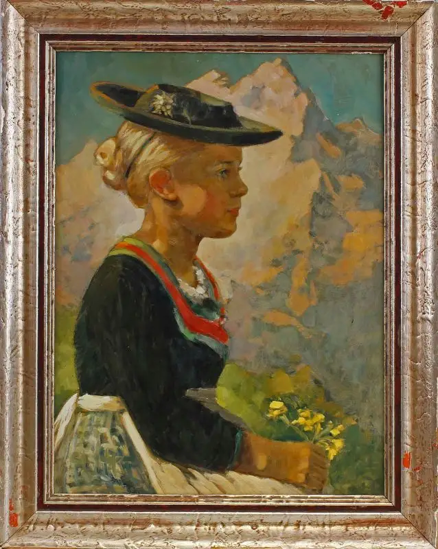 Öl-Gemälde Hübsches Mädchen im Dirndl Alpen Bayern Porträt  7760045 0