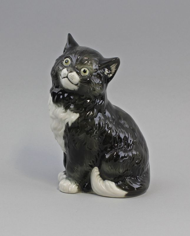 Porzellan Figur Ens Sitzende Katze Schwarz Weiß 9997152