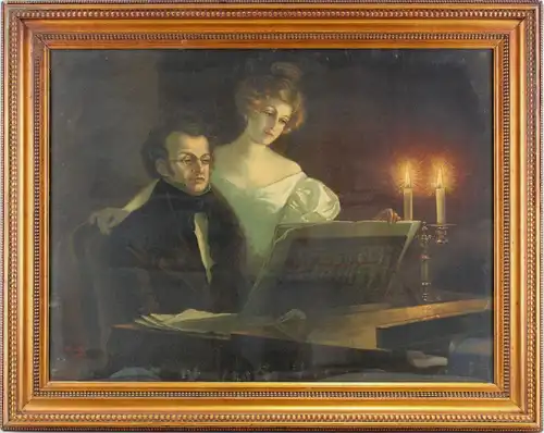 Farbiger Kunstdruck sign. S. Ulrich Franz Schubert mit Dame am Klavier  7763034