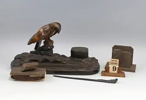 5-teilige Jagdliche Schreibgarnitur Adler Holz geschnitzt um 1930 99838029