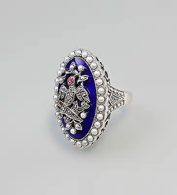 925er Silber Üppiger Rubin-Ring Perlchen blau emailliert Gr. 56/57 9927253