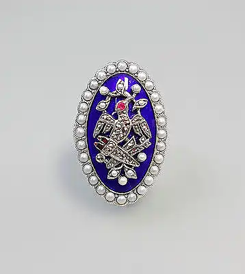 925er Silber Üppiger Rubin-Ring Perlchen blau emailliert Gr. 56/57 9927253