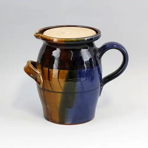 Keramik Henkel-Krug mit Holz-Deckel Laufglasur Bürgel 99845149