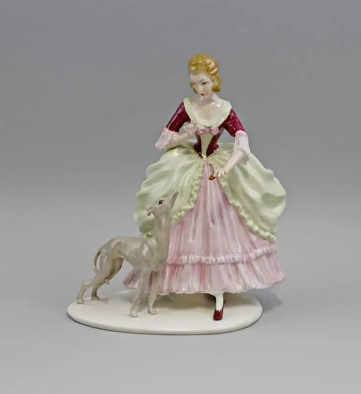 Porzellan Figur Ens Thüringen Rokoko-Dame mit Windhund H22cm 9941799 0