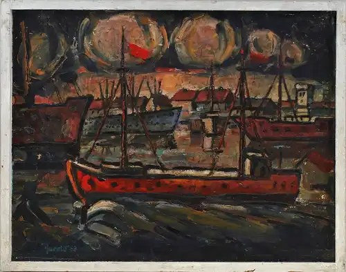 8060195 Öl-Gemälde signiert Nächtliche Hafen Szene Boote Frachter 1963