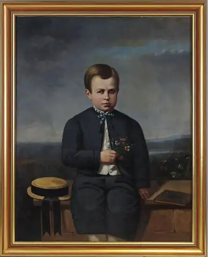8060134 Öl-Gemälde Porträt eines Knaben Spät-Biedermeier Sizilien 1868