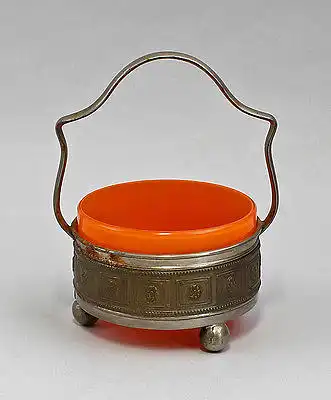 99835109 Konfekt-Schale Tangoglas orange um 1910 Metallmontierung