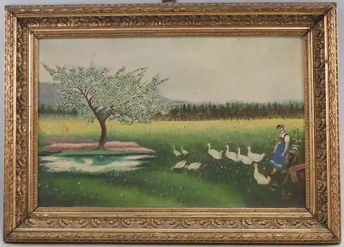 99860200 Öl-Gemälde Monogramm RL 1917 Bauern Magd mit Gänsen Naive Malerei