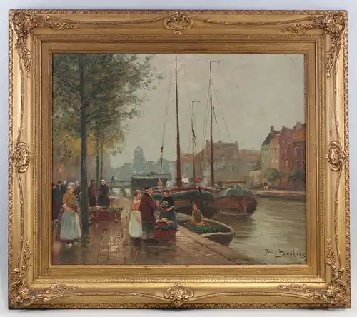 99860199 Öl-Gemälde signiert Brokers Flämische Markt Szene Flandern Grachten