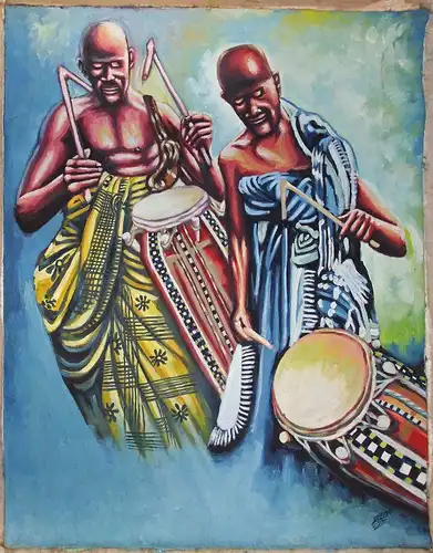 8060203 Öl-Gemälde signiert Iddriss 2014 Ghana afrikanische Trommler gerollt