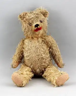 Teddy mit Brummstimme mit Holzwolle gestopft beiges Mohairfell L 40 cm 99810047