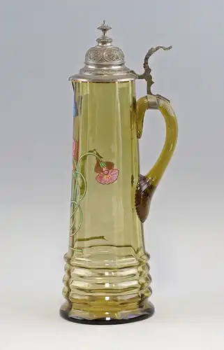 8135006 Großer Glas Schenk-Krug um 1900 Emailmalerei Zinndeckel